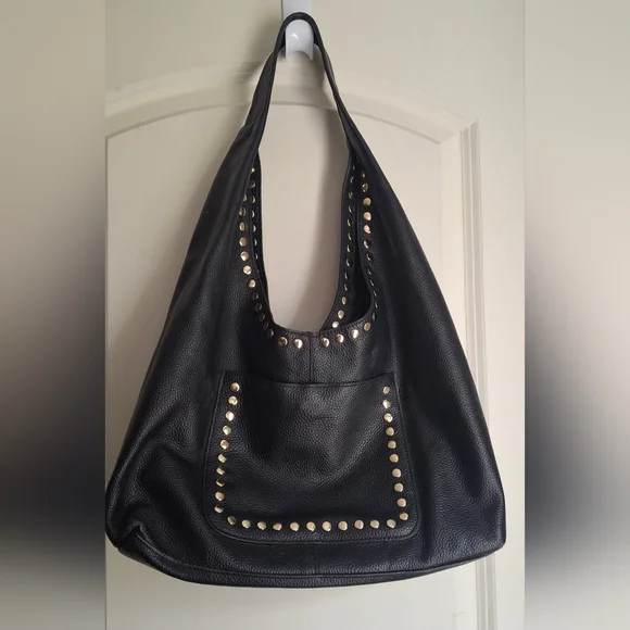 LAGGO- Mara Midnight Navy Soft Pebble Leather Hobo With Silver Studs Casual Lux